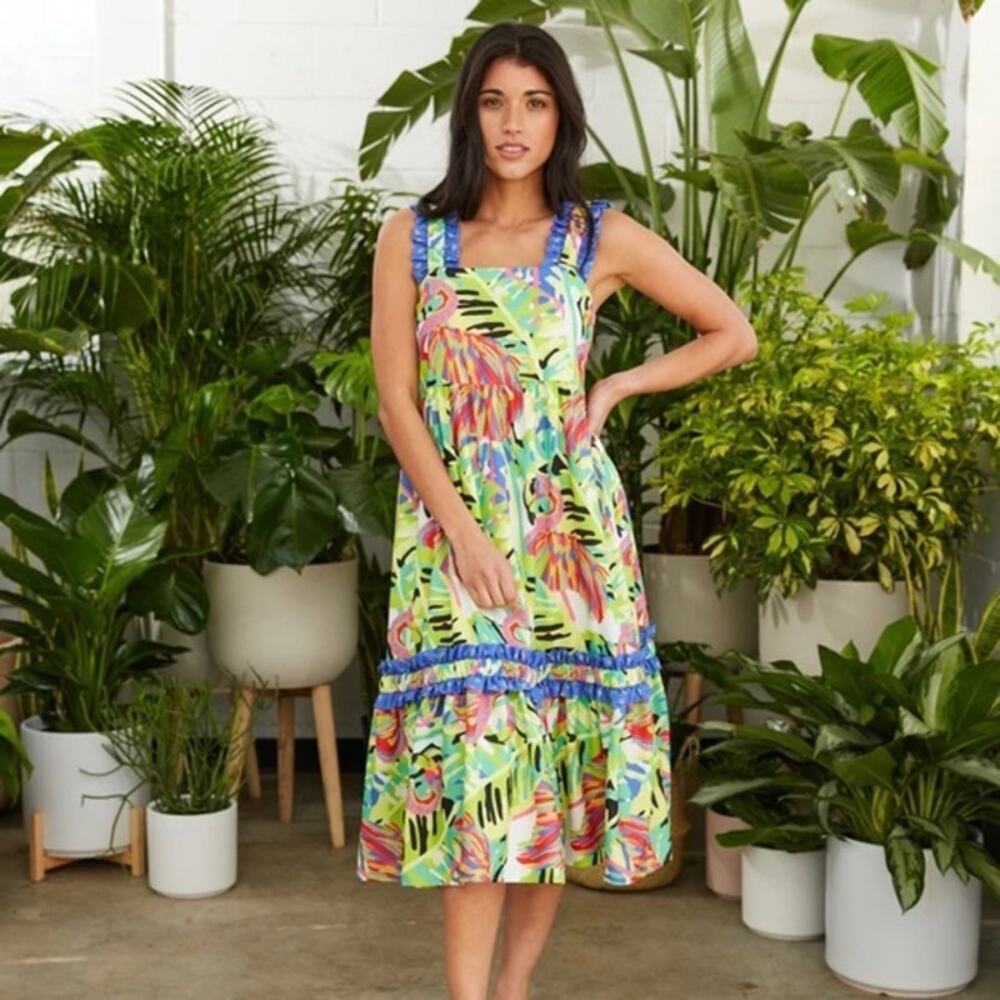 Crosby by Mollie Burch Bowie Dress Size S Green Pink Flamingo Print Resort